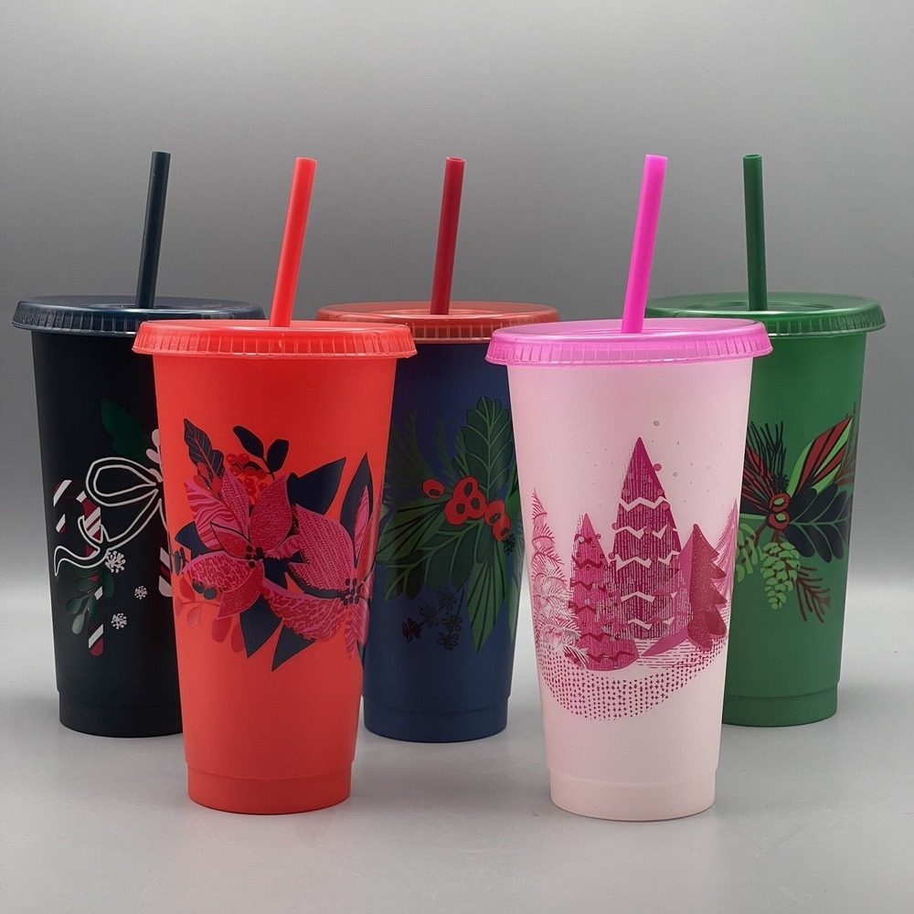 Starbucks Cold Cup 24oz Set Reusable 5 Pack with Straws Lids 2021 Holiday